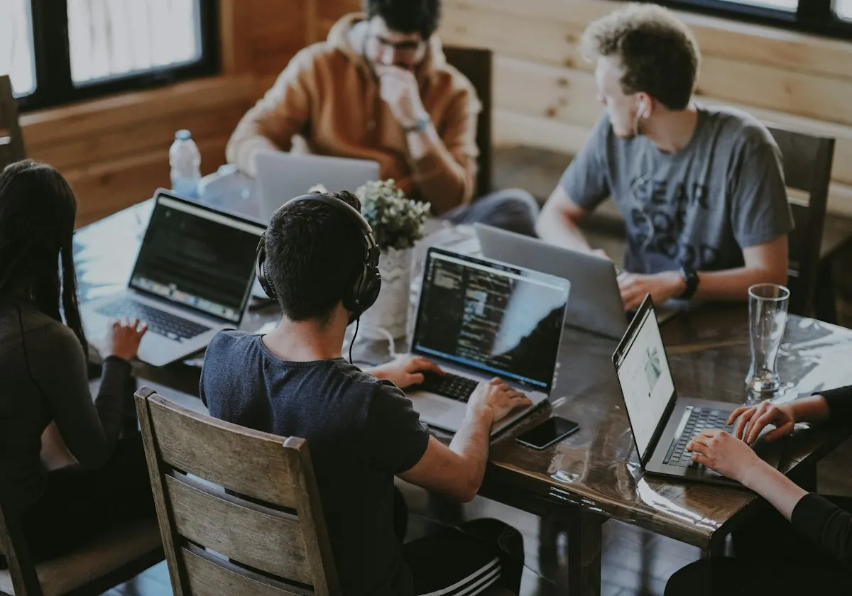 Marketing team working together around a table