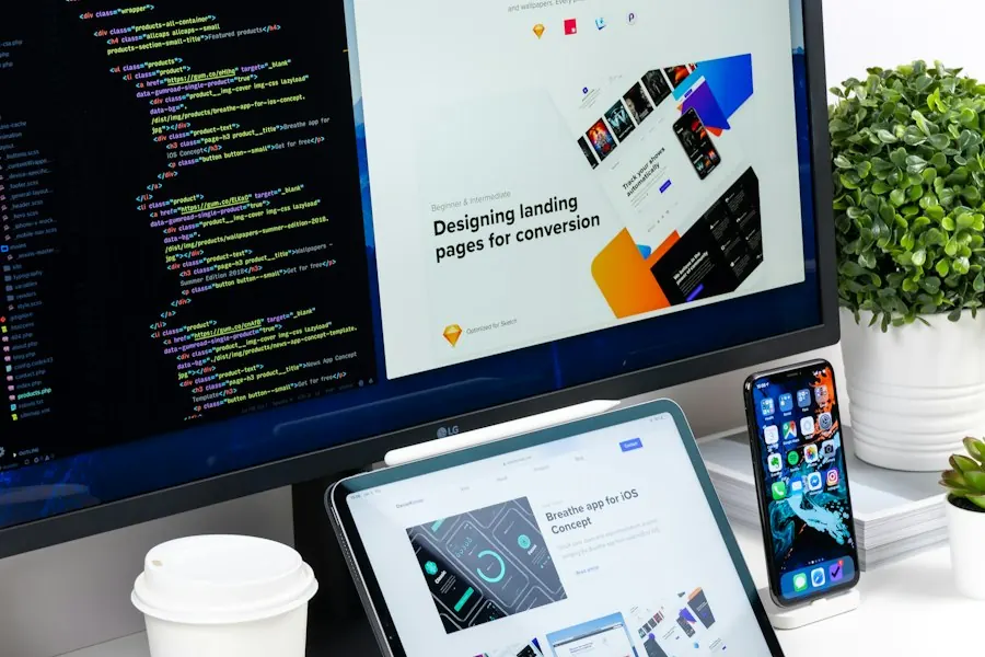 Designer workspace with a landing page on screen